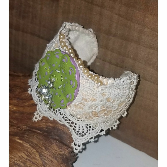 Upcycled Leather Baseball Cuff Lace Rhinestones - Picture 3 of 8